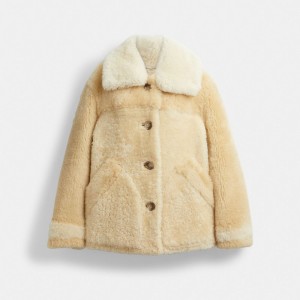 COACH® All Over Colorblock Shearling Frakke Dame Hvide Flerfarvede | DKXYO692