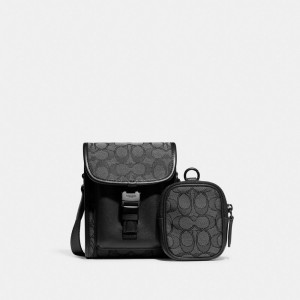 COACH® Charter North/South With Hybrid Pouch In Signature Jacquard Crossbody Taske Herre Grå Sort | DKJPK863