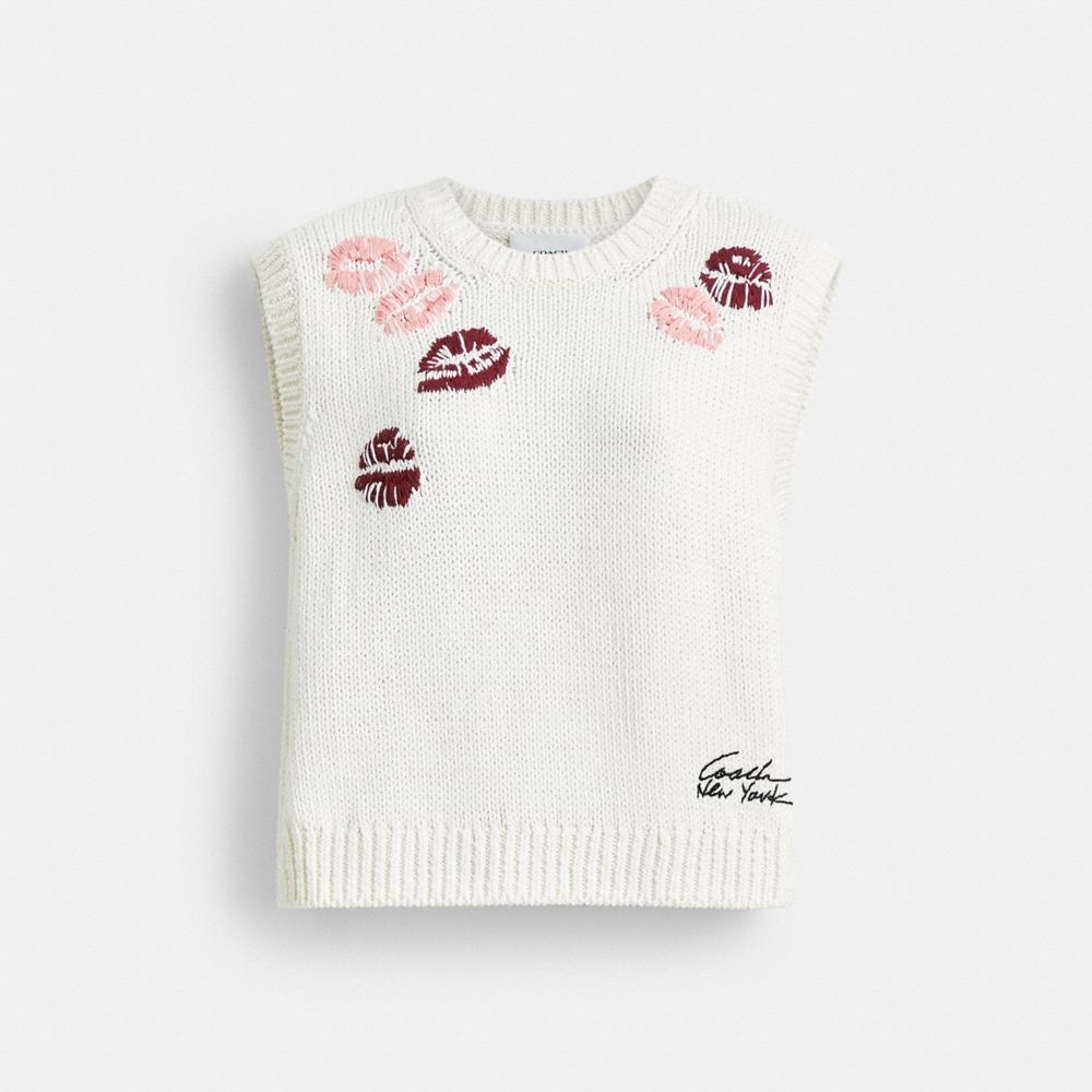 COACH® Buy Now Lip Print Vest Sweater Dame Hvide Flerfarvede | DKFDR606