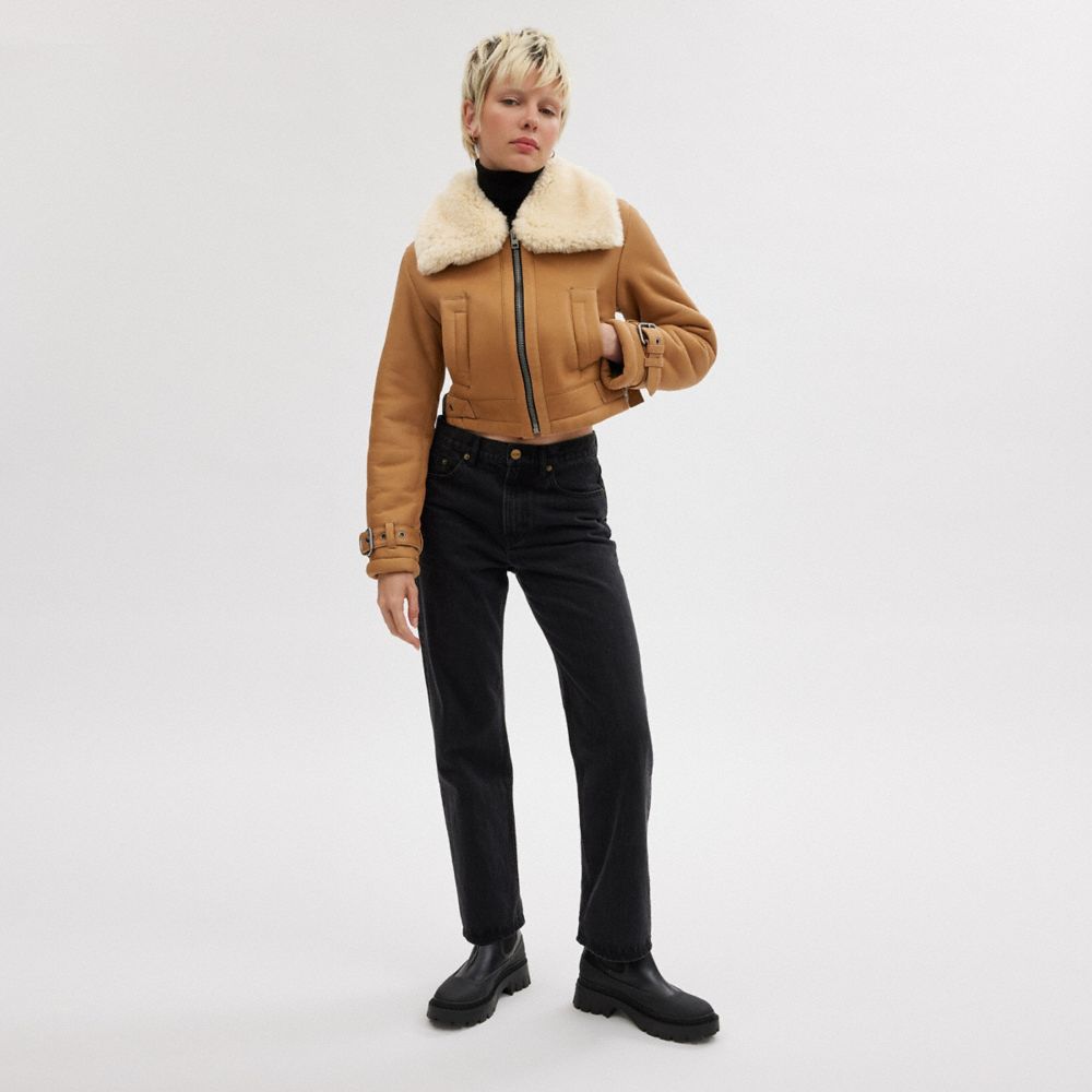 COACH® Cropped Shearling Aviator Frakke Dame Brune Flerfarvede | DKLIU690