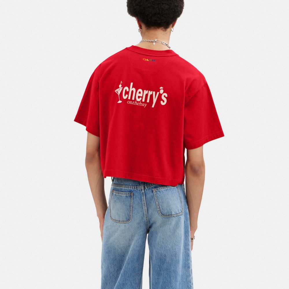 COACH® Cropped T Shirt With Cherry's Graphic T Shirts Dame Rød Flerfarvede | DKKOP585