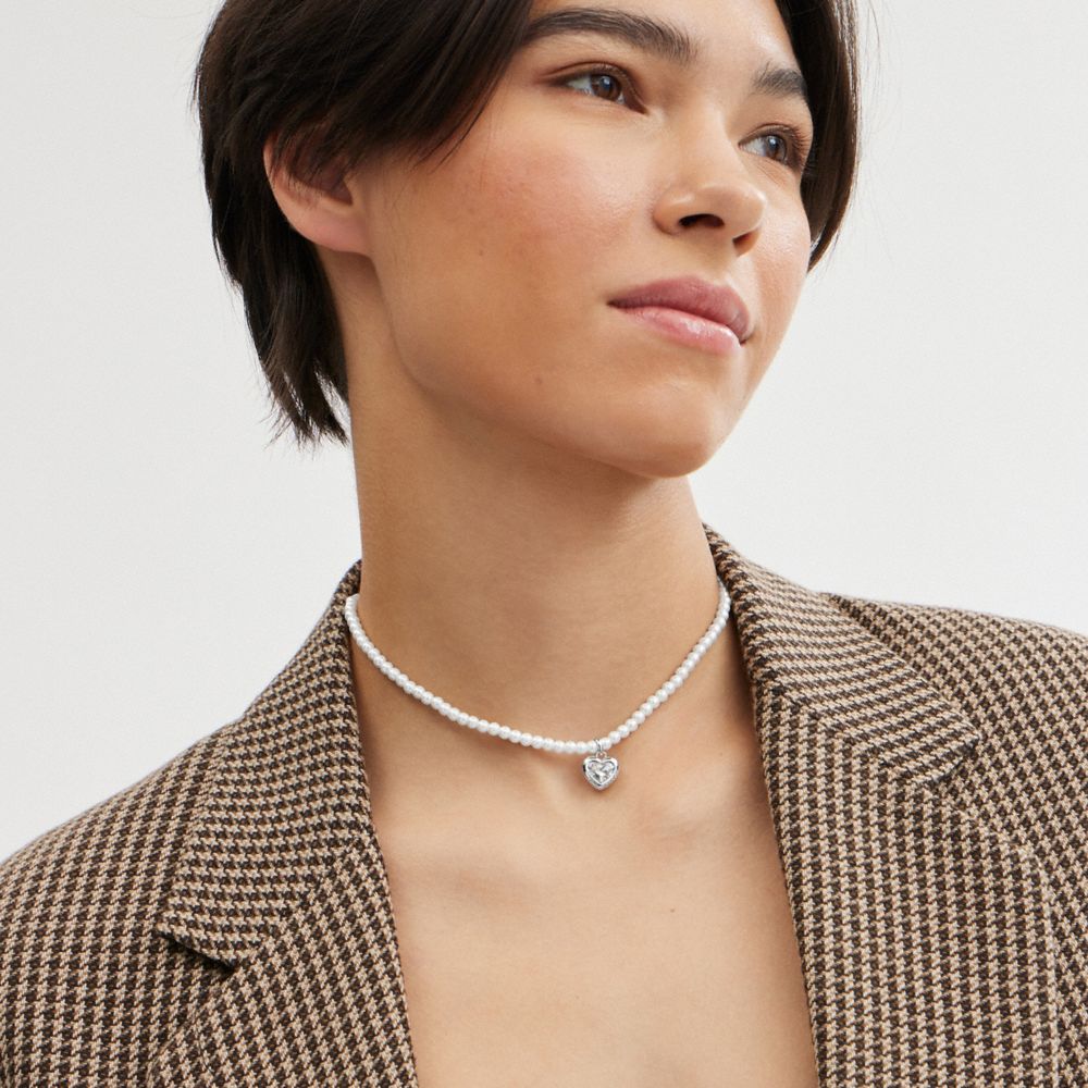 COACH® Heart Pearl Choker Halskæde Dame Sølv | DKGSU501