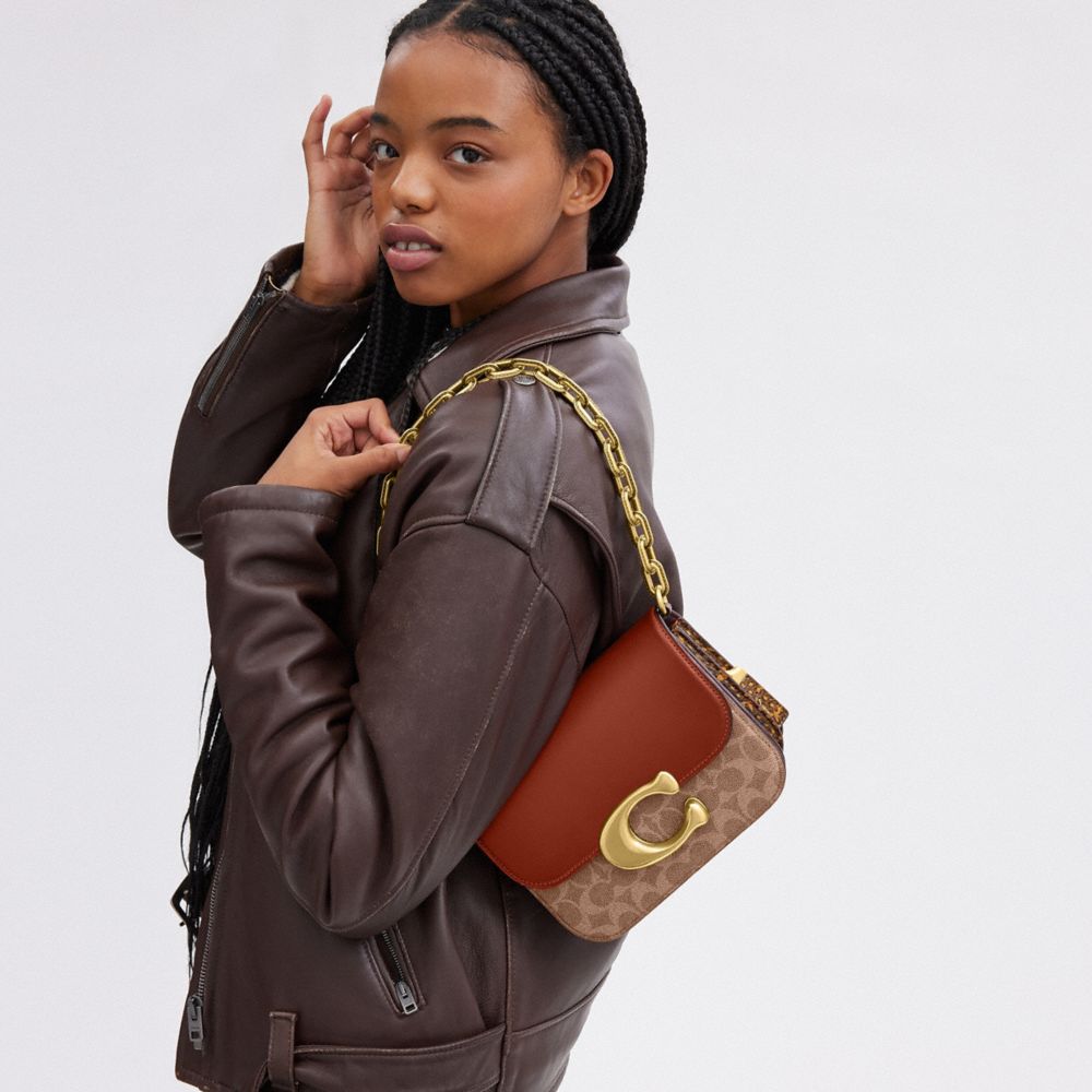 COACH® Idol In Signature Canvas With Snakeskin Detail Håndtaske Dame Brune Rød | DKILB248