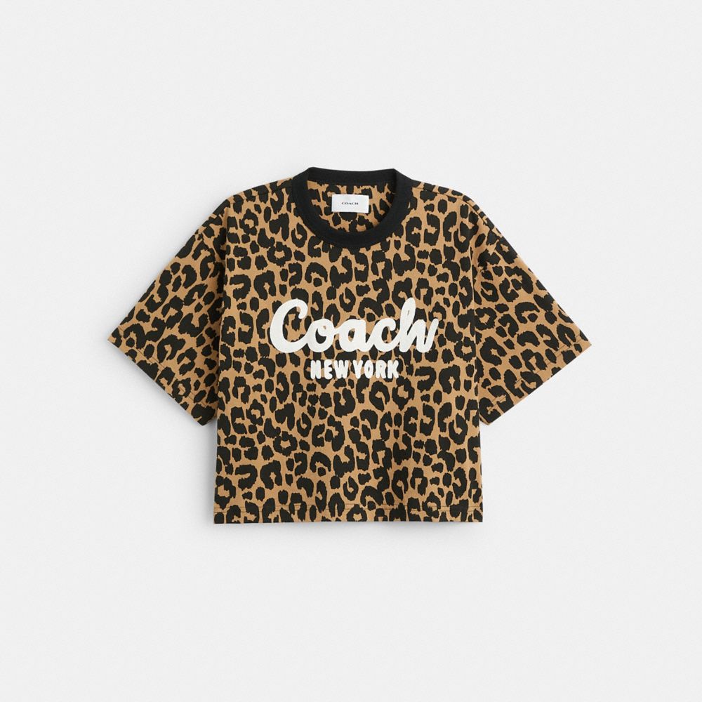 COACH® Leopard Cursive Signature Cropped T Shirts Dame Leopard | DKAHE578