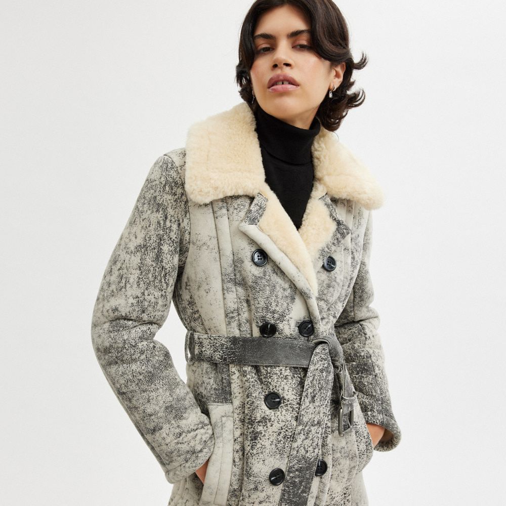 COACH® Long Shearling Trench Frakke Dame Sort | DKFDW685