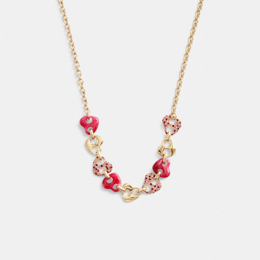 COACH® Pavé Hearts Chain Link Halskæde Dame Guld Lyserød Flerfarvede | DKZUW496