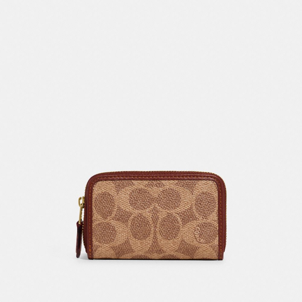 COACH® Small Zip Around Card Case In Signature Canvas Håndtaske Dame Brune Rød | DKMQT229